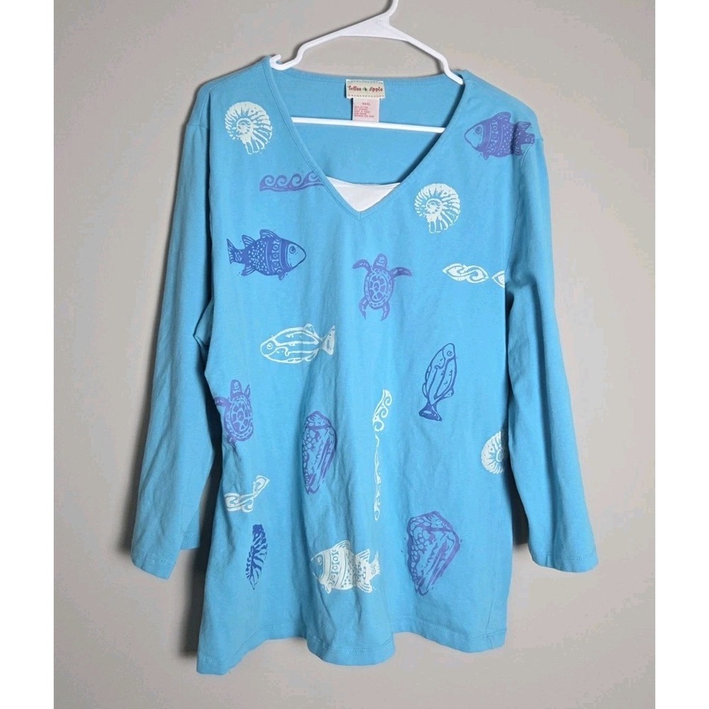 Toffee Apple Nautical Print Top Size XXXL Blue Shells Fish Long Sleeve‎
